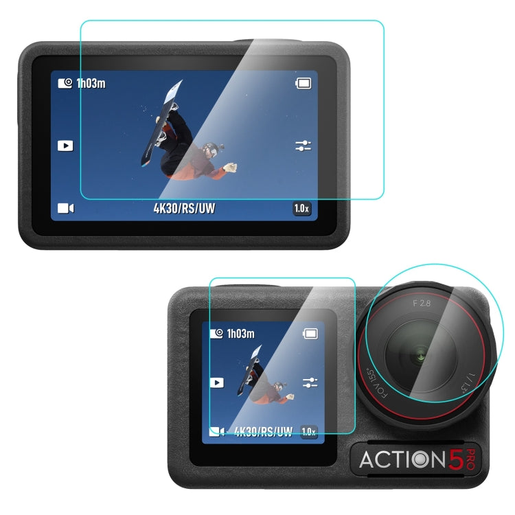 لكاميرا DJI Osmo Action 5 Pro، عدسة PULUZ 3 في 1، شاشة أمامية وخلفية، زجاج مقسّى، غشاء مقاوم للانفجار