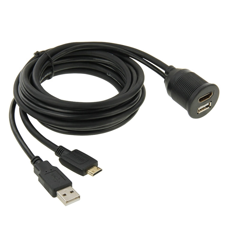 USB 2.0 & Mini HDMI (Type-C) Male to USB 2.0 & HDMI (Type-A) Female Adapter Cable with Car Flush Mount, Length: 2m, USB 2.0 & Mini HDMI Male to USB 2.0 & HDMI Female