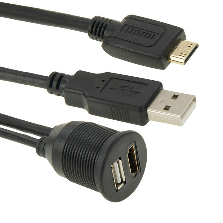 USB 2.0 & Mini HDMI (Type-C) Male to USB 2.0 & HDMI (Type-A) Female Adapter Cable with Car Flush Mount, Length: 2m, USB 2.0 & Mini HDMI Male to USB 2.0 & HDMI Female