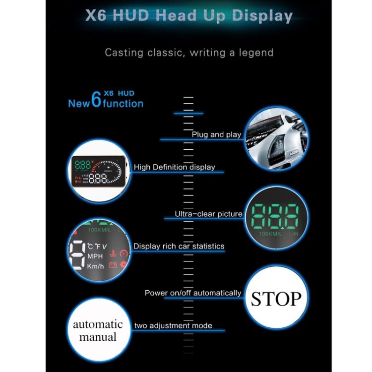 X6 3.5 inch Car OBDII / EUOBD HUD Vehicle-mounted Head Up Display Security System, Support Speed & Water Temperature & Speed Alarm & Fuel Consumption & Battery Voltage, etc., X6