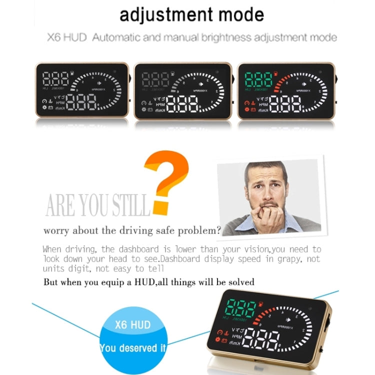 X6 3.5 inch Car OBDII / EUOBD HUD Vehicle-mounted Head Up Display Security System, Support Speed & Water Temperature & Speed Alarm & Fuel Consumption & Battery Voltage, etc., X6