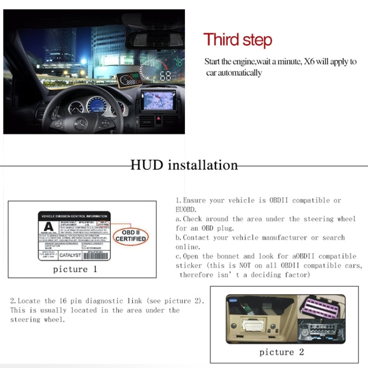 X6 3.5 inch Car OBDII / EUOBD HUD Vehicle-mounted Head Up Display Security System, Support Speed & Water Temperature & Speed Alarm & Fuel Consumption & Battery Voltage, etc., X6