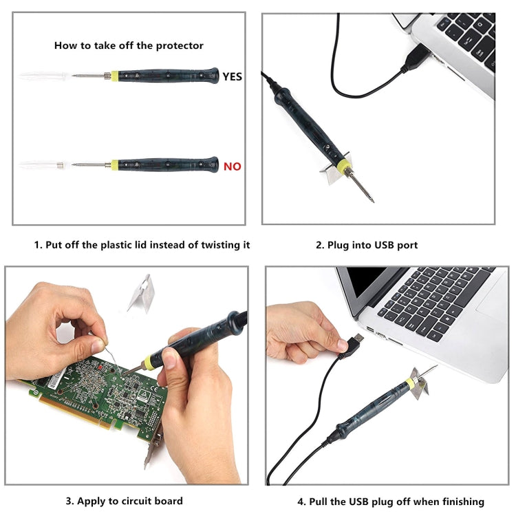قلم لحام محمول يعمل بمنفذ USB بقوة 5 فولت 8 واط مع رأس طويل العمر + غطاء واقٍ بمفتاح لمس وإيقاف تشغيل تلقائي لمدة 25 ثانية، ZD-20U