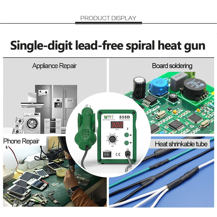 BEST BST-858D+ AC 220V 50Hz 650W LED Displayer Adjustable Temperature Unleaded Hot Air Gun with Helical Wind, BST-858D+ EU Plug, BST-858D+ US Plug