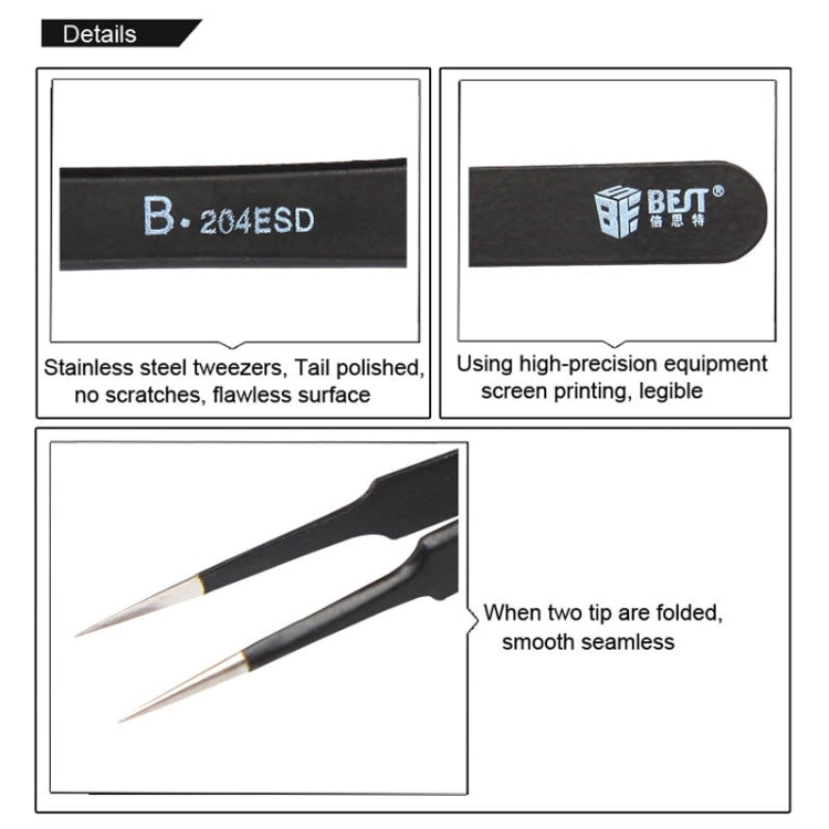 BEST BST-204ESD 202 Stainless Steel Anti-static Tip Tweezers, BST-204ESD