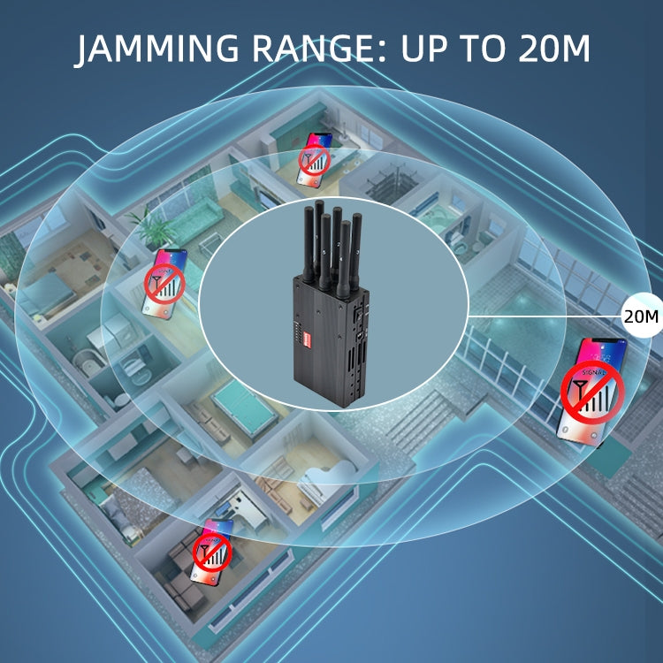 GSM / CDMA / DCS / PCS / 3G / Wifi / GPS / LOJACK قاطع إشارة الهاتف المحمول / جهاز تشويش / عازل، التغطية: 20 مترًا (JAX-121A-6C)، GSM / CDMA / DCS / PCS / 3G / Wifi / GPS / LOJACK