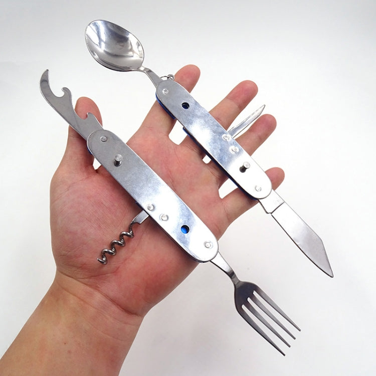 6-in-1 Stainless Steel Travel / Camping Folding Cutlery Set, Spoon + Fork + Knife + Bottle Opener Set