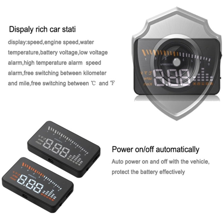 X5 HUD 3 inch Universal Multi Car Head Up Display with OBDII EOBD System, Light Sensors, Rotation Speed, Rotation Speed Unit, Unit Mark, Voltage, Water Temperature, Alarm mark, X5 HUD 3 inch