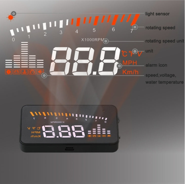 X5 HUD 3 inch Universal Multi Car Head Up Display with OBDII EOBD System, Light Sensors, Rotation Speed, Rotation Speed Unit, Unit Mark, Voltage, Water Temperature, Alarm mark, X5 HUD 3 inch