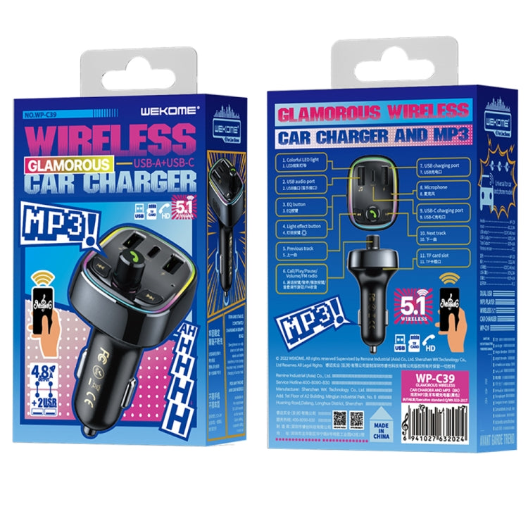 شاحن سيارة سريع WK WP-C39 USB+USB-C/Type-C MP3 Bluetooth، WP-C39