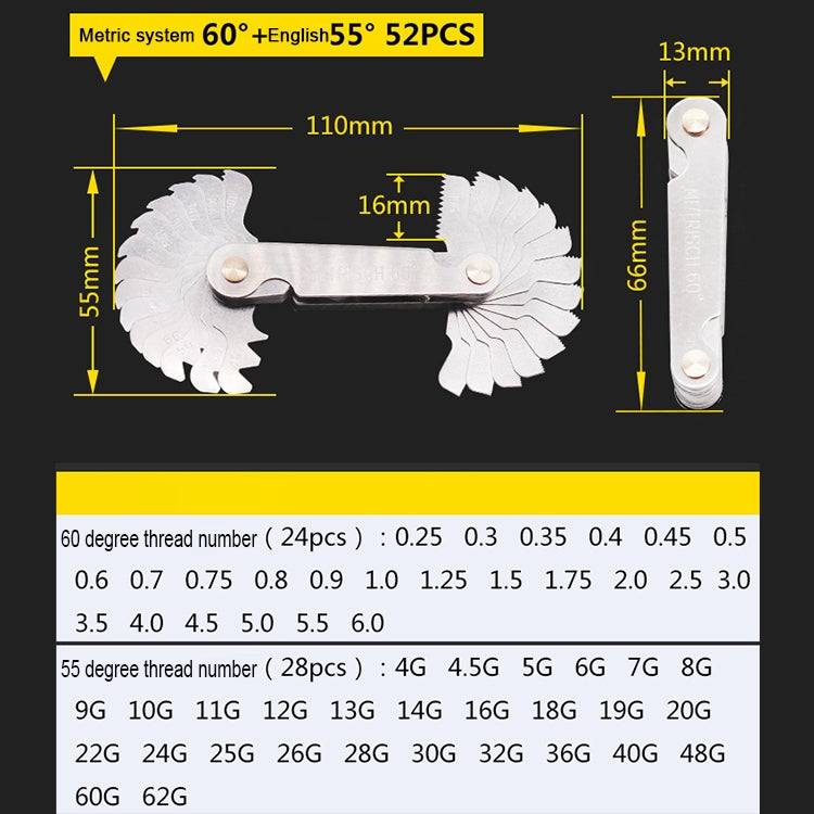 52 PCS Metric 60 Degrees +British 55 Degrees CR Stainless Steel Thread Gauge, 52 PCS Thread Gauge