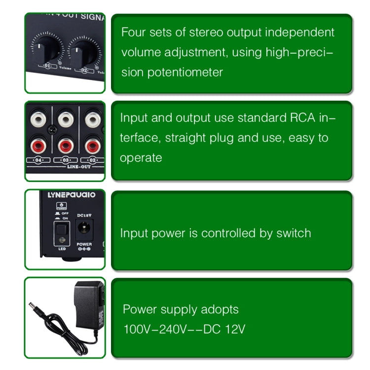 1-In 4-Out Front Stereo Signal Amplifier, Independent Output Volume Adjustment RCA Interface No Loss Allocator, US Plug, B029