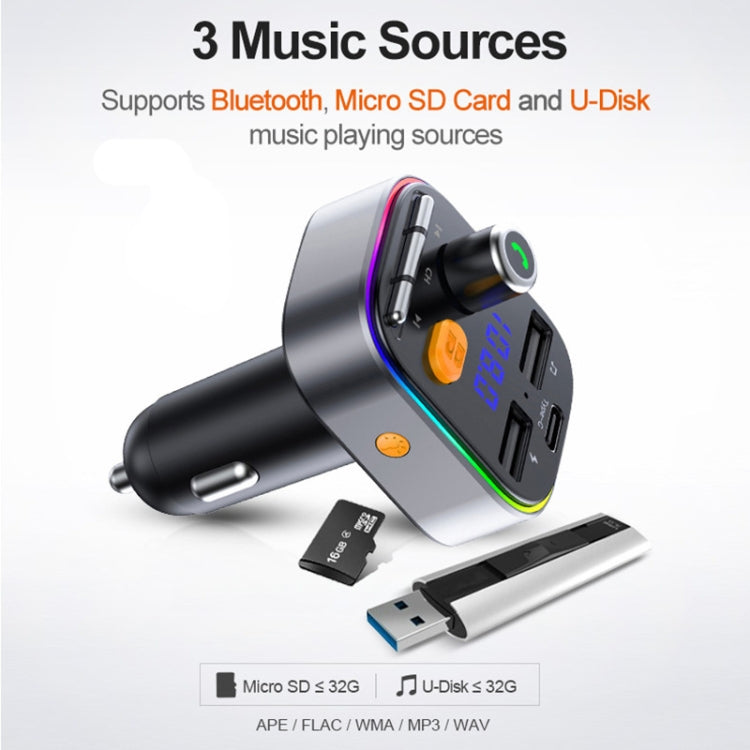 طقم جهاز إرسال FM بتقنية بلوتوث 5.0 للسيارة T48C، منفذ USB مزدوج مع شاحن سيارة من النوع C بقوة 5 فولت و2.4 أمبير، T48C