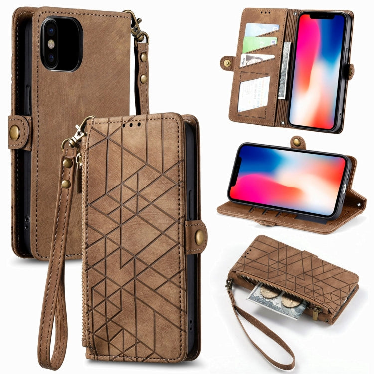 Geometric Zipper Wallet Side Buckle Leather Phone Case, For iPhone XS Max, For iPhone 7 Plus / 8 Plus, For iPhone 7 / 8 / SE 2022, For iPhone X / XS