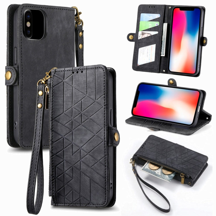 Geometric Zipper Wallet Side Buckle Leather Phone Case, For iPhone XS Max, For iPhone 7 Plus / 8 Plus, For iPhone 7 / 8 / SE 2022, For iPhone X / XS