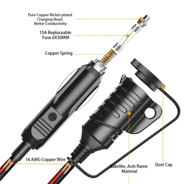 TR-29 Car Cigarette Lighter Extension Cord Male Plug to Female Socket with 16AWG Extender Cable, TR-29