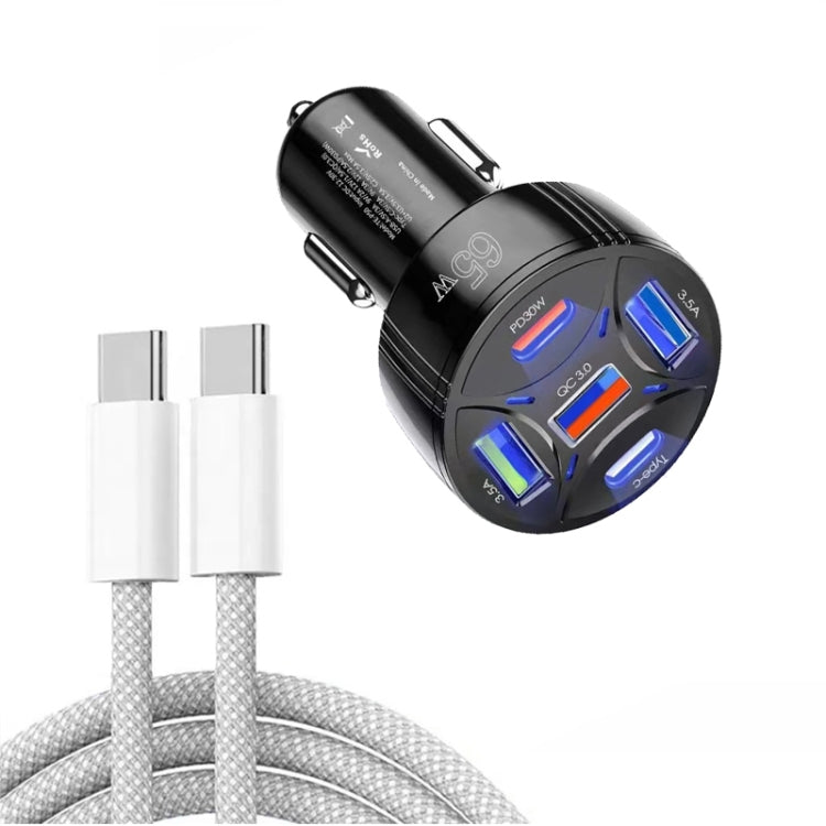 TE-P50 65W PD30W Type-C x 2 + USB x 3 Multi Port Car Charger with 1m Type-C to Type-C Data Cable, with Type-C Cable