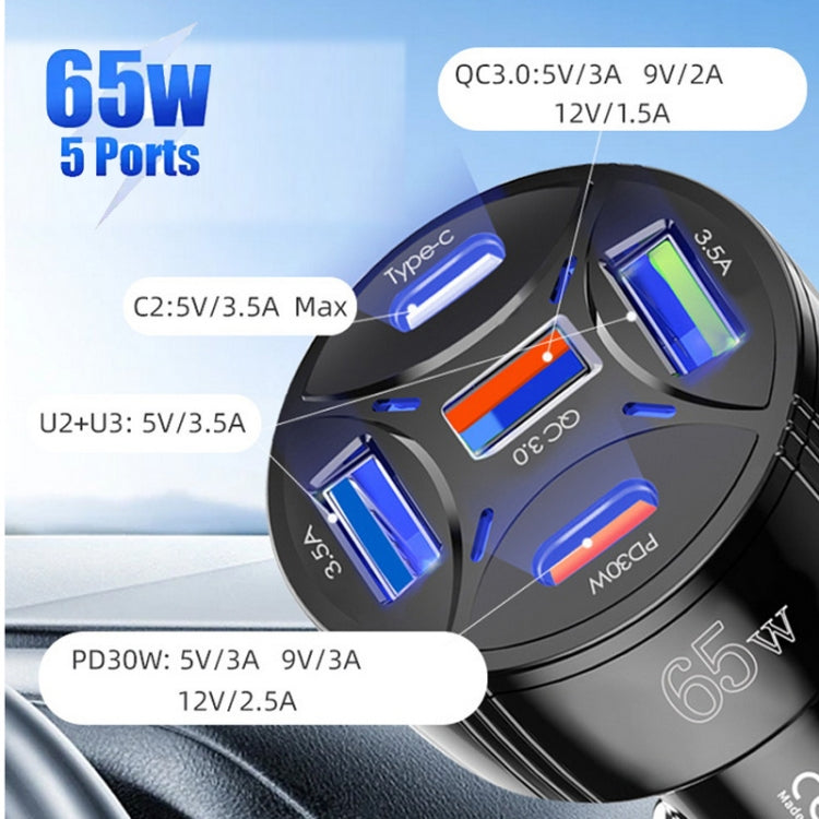 TE-P50 65W PD30W Type-C x 2 + USB x 3 Multi Port Car Charger with 1m Type-C to Type-C Data Cable, with Type-C Cable