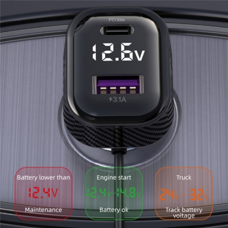 YQ6 PD 30W Fast Charging 2 x Type-C + 3 x USB Car Charger with 1.5m Extension Cable, YQ6