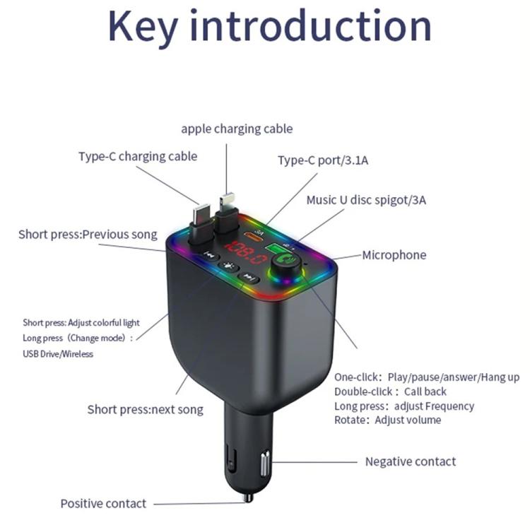Y4 Retractable Cable Super Fast Charging Car Charger Bluetooth-Compatible MP3 Player, Y4