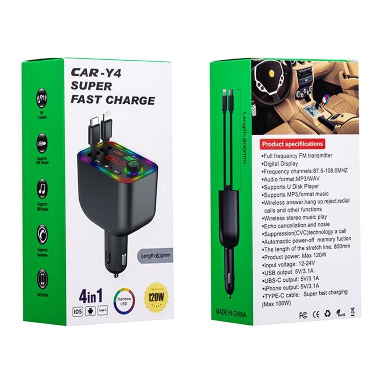 Y4 Retractable Cable Super Fast Charging Car Charger Bluetooth-Compatible MP3 Player, Y4