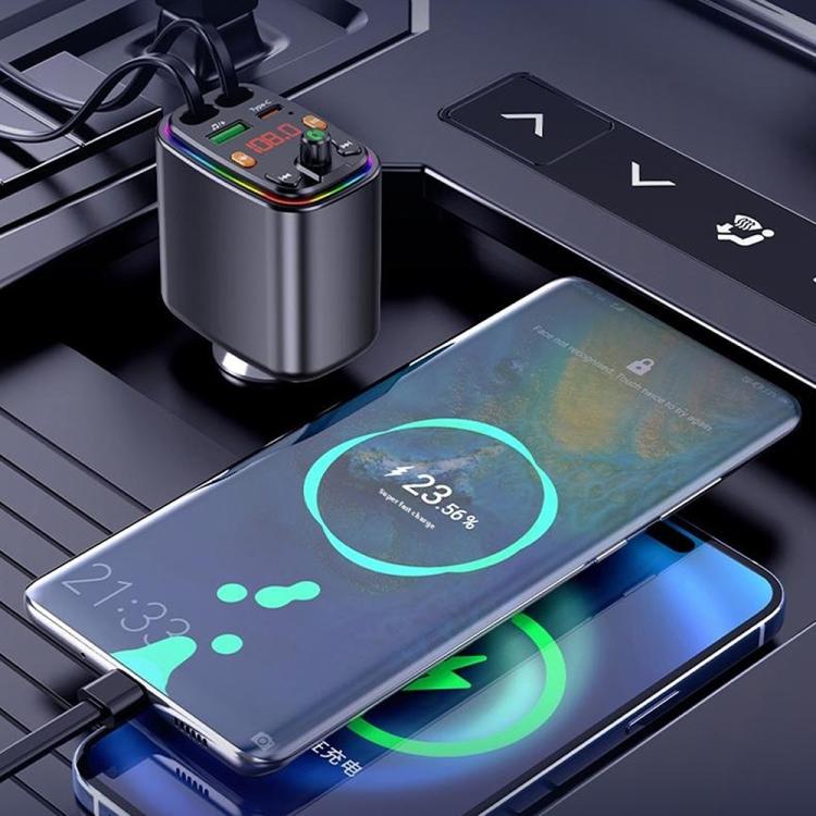 Y10 With Retractable Type C + iP Cable Car Charger FM Transmitter Bluetooth MP3 Player, Y10
