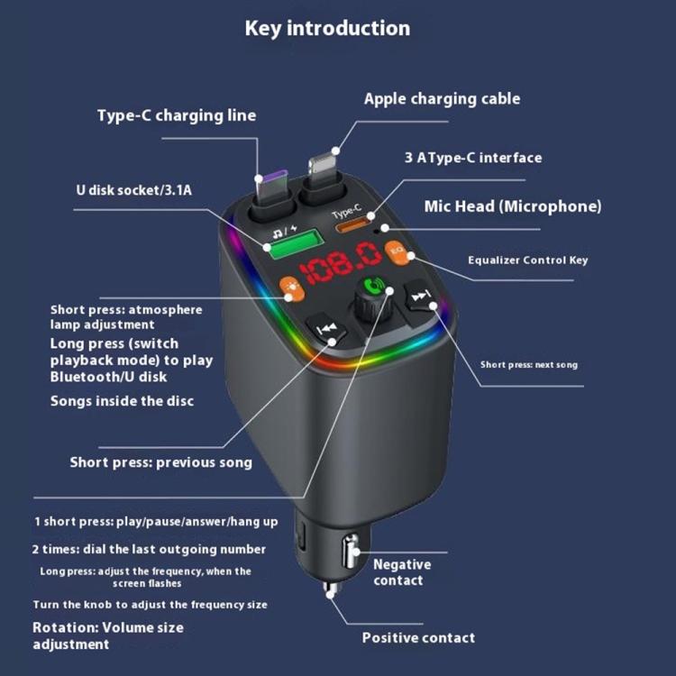 Y10 With Retractable Type C + iP Cable Car Charger FM Transmitter Bluetooth MP3 Player, Y10