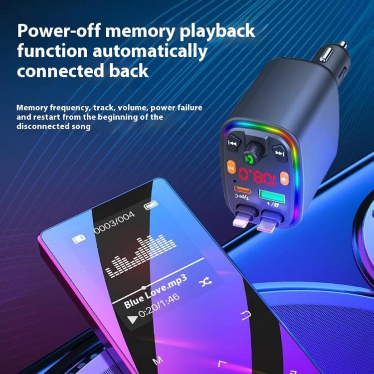 Y10 With Retractable Type C + iP Cable Car Charger FM Transmitter Bluetooth MP3 Player, Y10