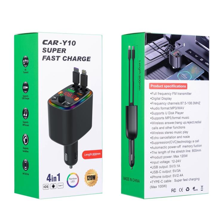 Y10 With Retractable Type C + iP Cable Car Charger FM Transmitter Bluetooth MP3 Player, Y10