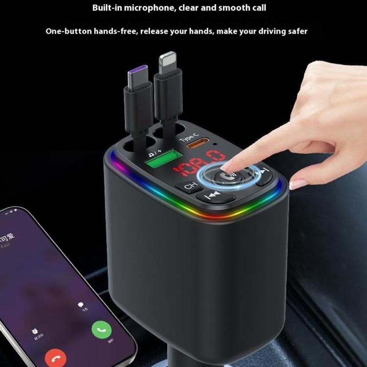 Y9 Retractable Cable Bluetooth FM Transmitter Voltage Display Car Charger MP3 Player, Y9