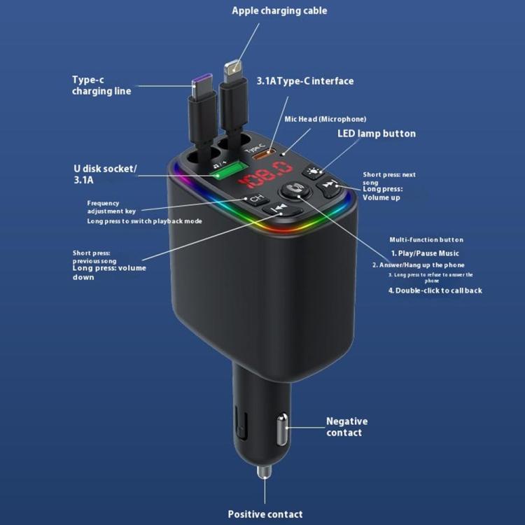 Y9 Retractable Cable Bluetooth FM Transmitter Voltage Display Car Charger MP3 Player, Y9