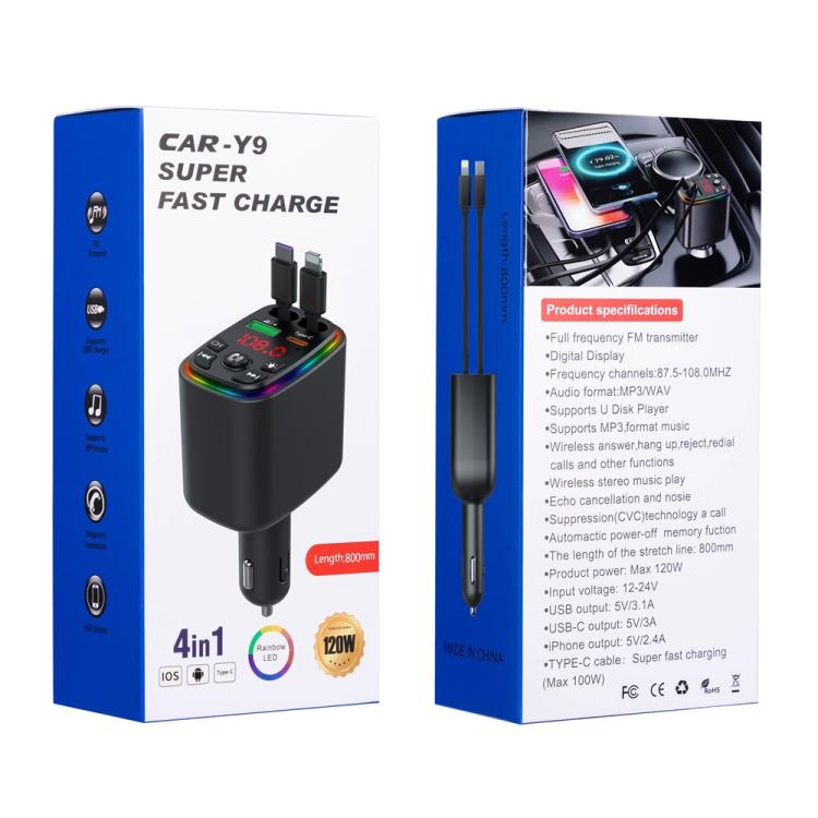Y9 Retractable Cable Bluetooth FM Transmitter Voltage Display Car Charger MP3 Player, Y9