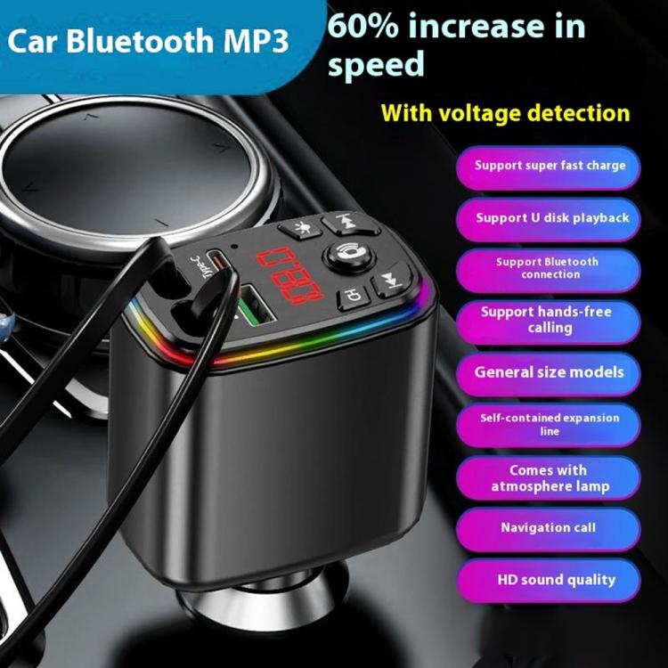 Y9 Retractable Cable Bluetooth FM Transmitter Voltage Display Car Charger MP3 Player, Y9