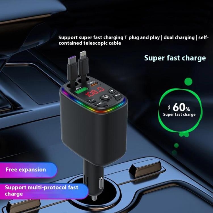 Y9 Retractable Cable Bluetooth FM Transmitter Voltage Display Car Charger MP3 Player, Y9