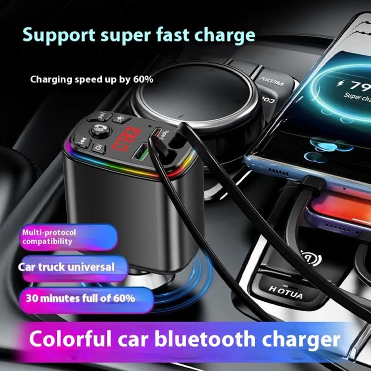 Y9 Retractable Cable Bluetooth FM Transmitter Voltage Display Car Charger MP3 Player, Y9