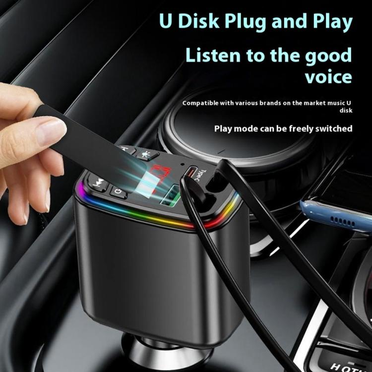 Y9 Retractable Cable Bluetooth FM Transmitter Voltage Display Car Charger MP3 Player, Y9