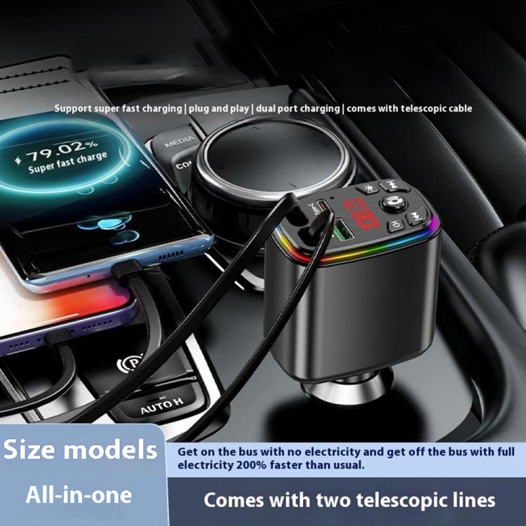 Y9 Retractable Cable Bluetooth FM Transmitter Voltage Display Car Charger MP3 Player, Y9