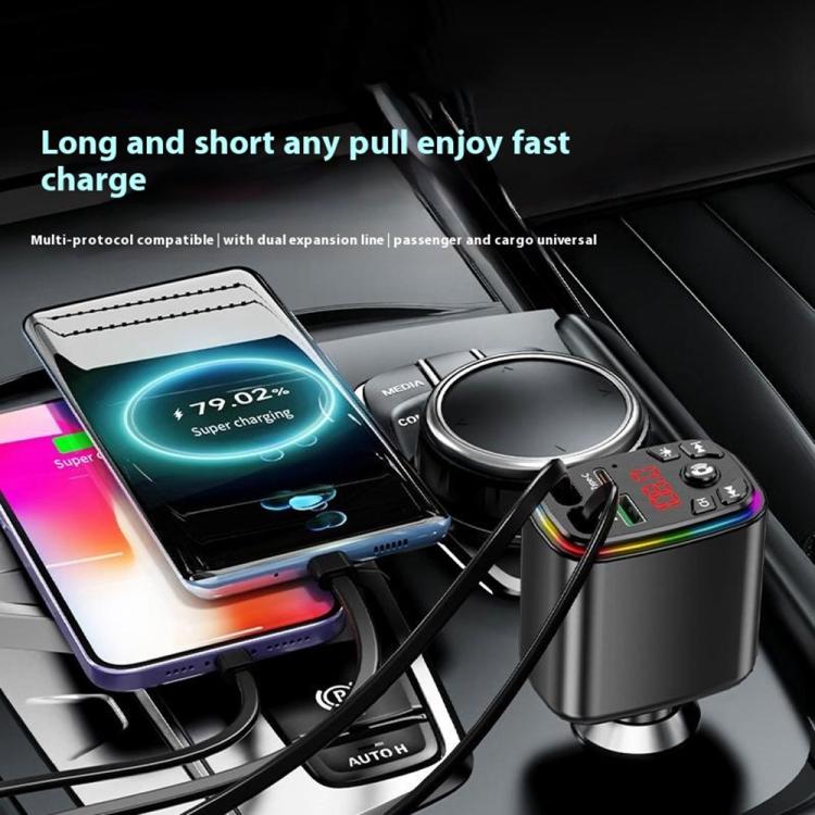 Y9 Retractable Cable Bluetooth FM Transmitter Voltage Display Car Charger MP3 Player, Y9