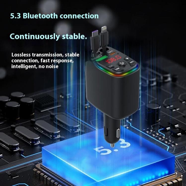 Y9 Retractable Cable Bluetooth FM Transmitter Voltage Display Car Charger MP3 Player, Y9