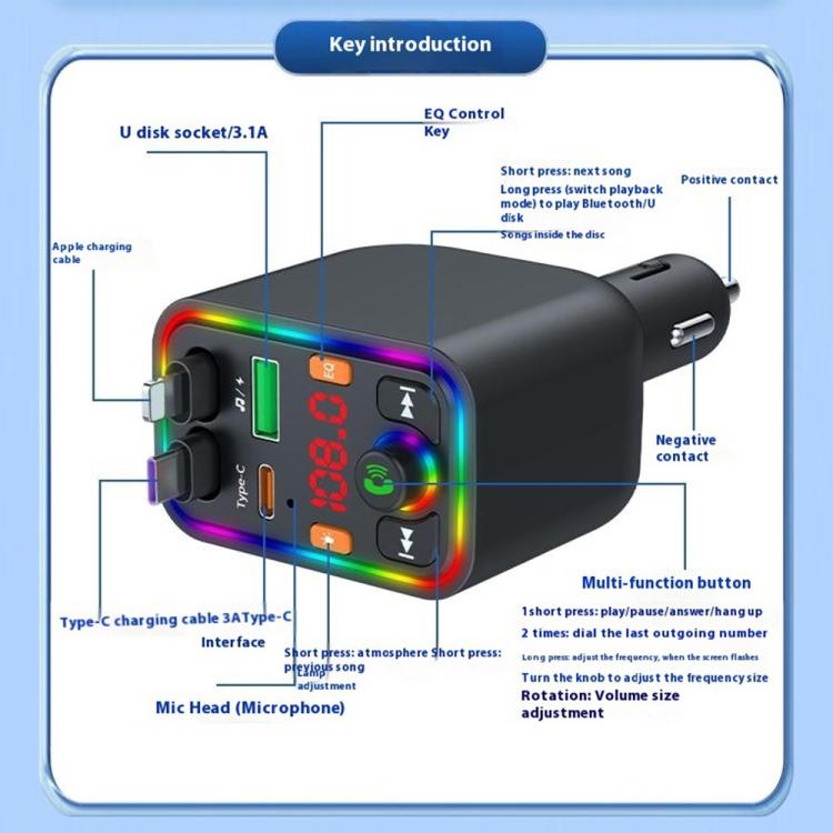 Y6 Retractable Cable EQ Adjustment Bluetooth FM Transmitter Car Charger MP3 Player, Y6