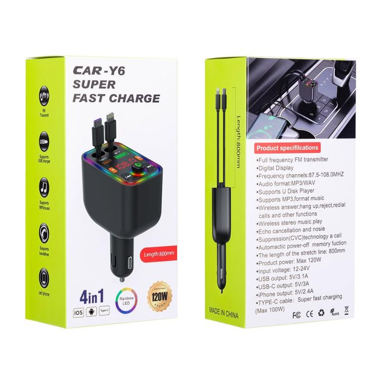 Y6 Retractable Cable EQ Adjustment Bluetooth FM Transmitter Car Charger MP3 Player, Y6
