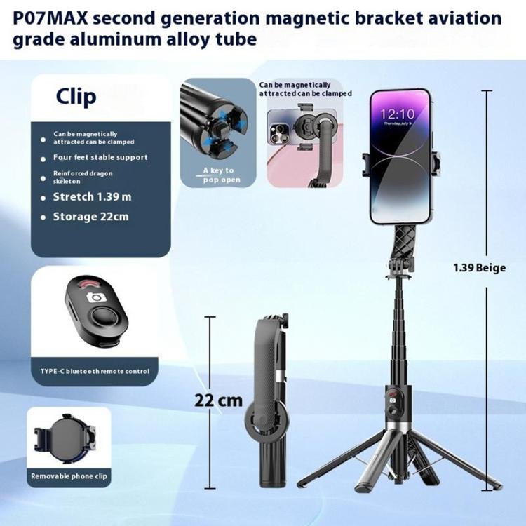 P07 Max Extendable Four-legged Stand Magnetic Phone Selfie Stick with Bluetooth Remote Control