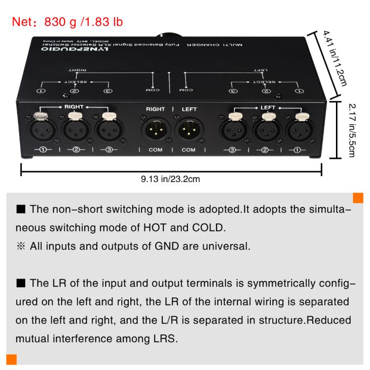 B072 3 Input 1 Output Fully Balanced Signal Selector 3-Channel Balanced Line Selector, No Need For External Power Supply Lossless Switching