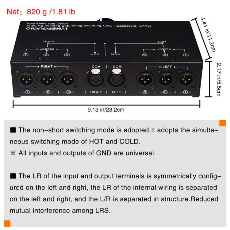B073 1 Input 3 Output Fully Balanced Signal Selector 3-Channel Balanced Line Selector, No Need For External Power Supply Lossless Switching