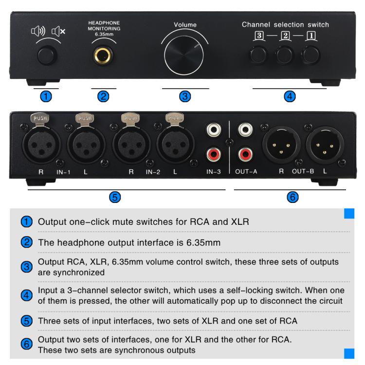 B082 3 Input 3 Output Audio Signal Selector Balanced Line Switcher