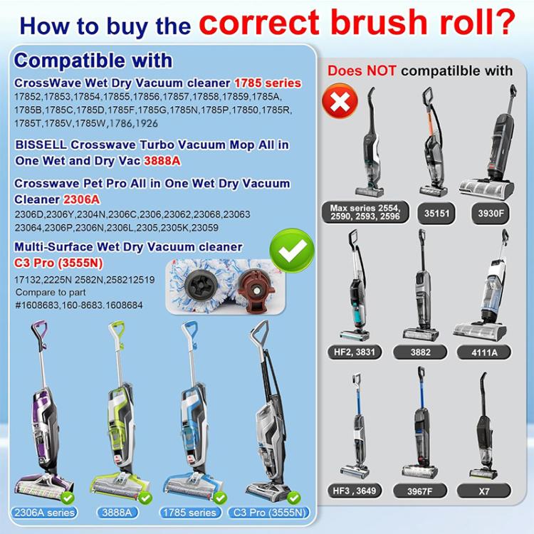 JUNSUNMAY 2pcs Replacement Brush Roll for Bissell CrossWave Vacuum Cleaner 1866 / 1868