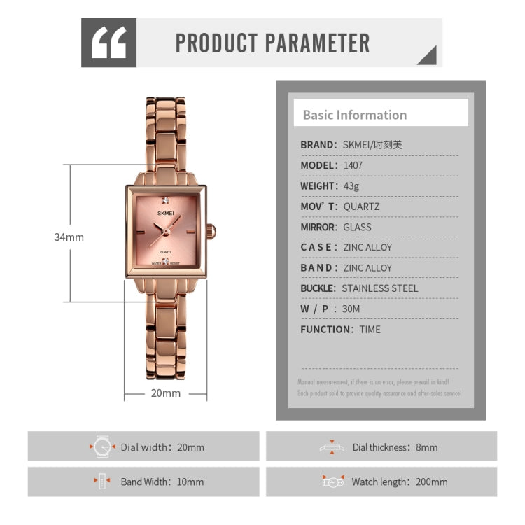 SKMEI 1407 Business Fashion Watch with Diamonds Delicate and Elegant Square Zinc Alloy Quartz Watch for Women