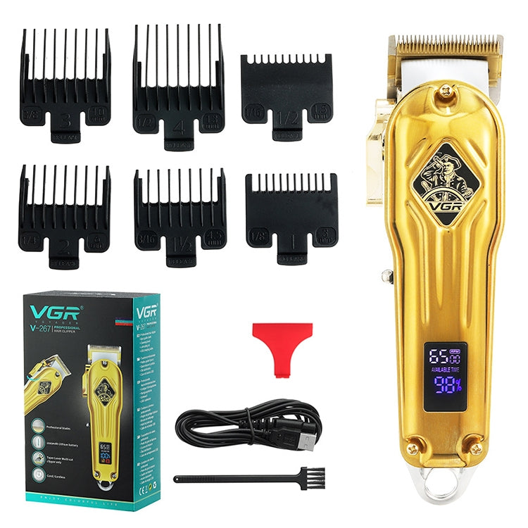 ماكينة قص الشعر المعدنية VGR V-267 بقوة 10 وات بمنفذ USB وشاشة رقمية LED و5 تروس قابلة للتعديل، V-267 (ذهبي)، V-267 (فضي)