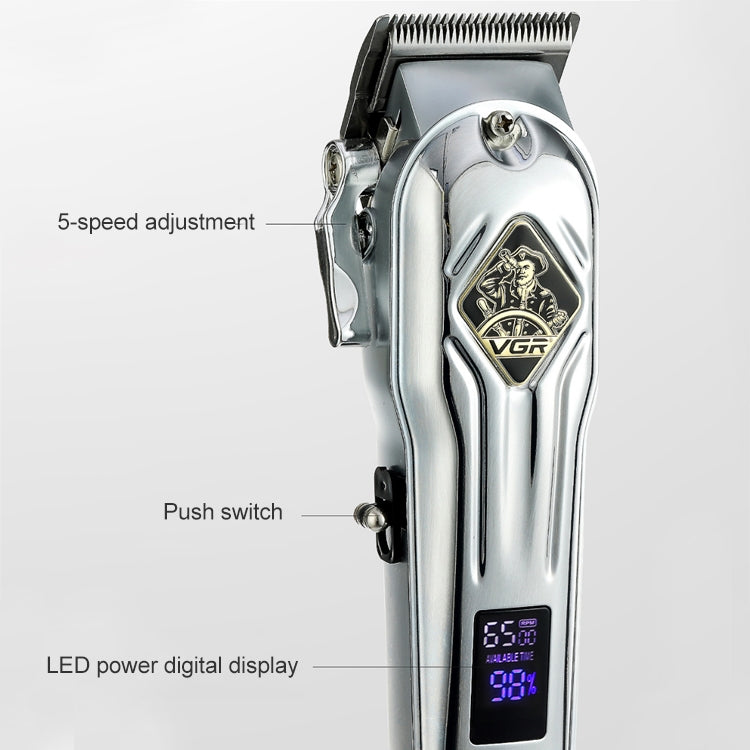 ماكينة قص الشعر المعدنية VGR V-267 بقوة 10 وات بمنفذ USB وشاشة رقمية LED و5 تروس قابلة للتعديل، V-267 (ذهبي)، V-267 (فضي)