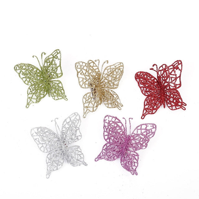 5 PCS Christmas Tree Decoration Artificial Flower Butterfly Christmas Pendant, Gold